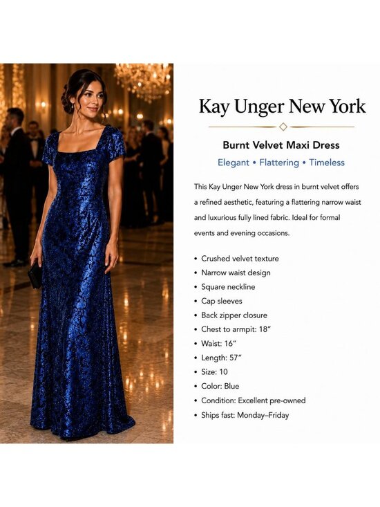 Kay Unger Dresses & Skirts - Burnt Velvet Maxi Dress 10 Blue Metallic Formal Flow Narrow Waist Evening Gown